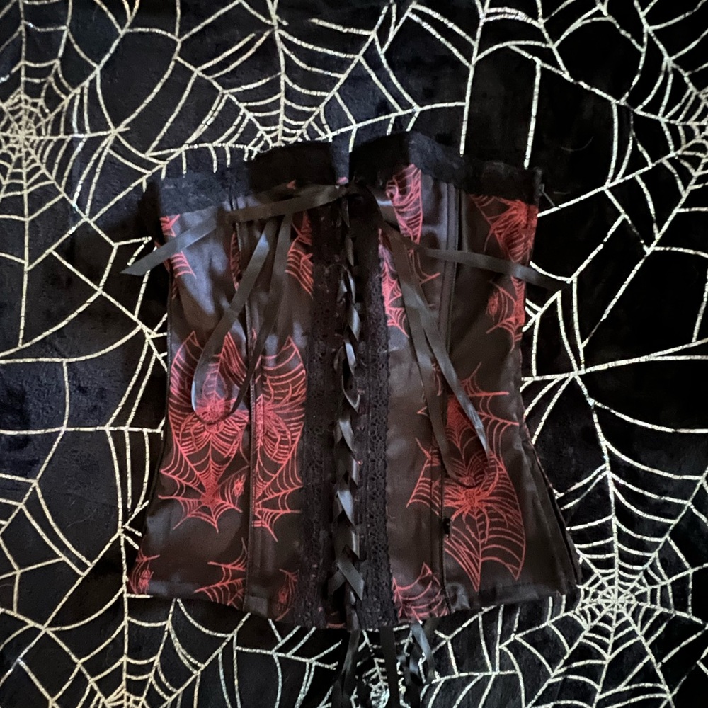 Tripp NYC✖️Red/Black Satin Spider Lace-up Strapless Corset